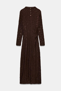 ZARA ПЛАТЬЕ МИДИ С ПЕРФОРАЦИЕЙ И ДРАПИРОВКОЙ, КОРИЧНЕВЫЙ