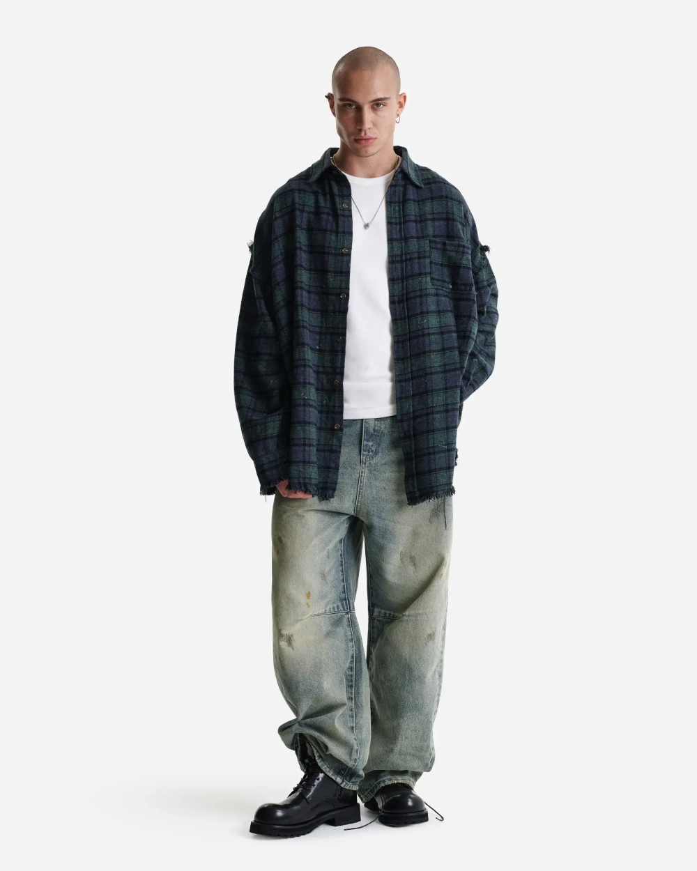 Рубашка в клетку с необработанным краем сине-зеленая