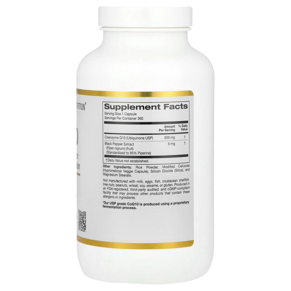 California Gold Nutrition, коэнзим Q10 с экстрактом чёрного перца Bioperine®, 200 мг, 360 растительных капсул