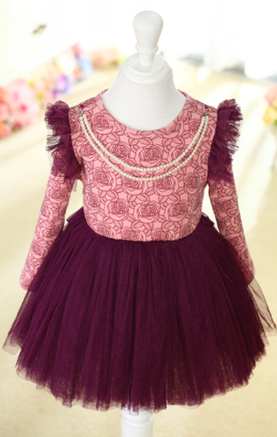 Платье детское с длинным рукавом, отделкой "ожерелье" и пышной юбкой