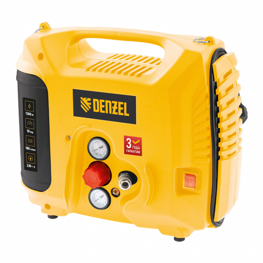 Компрессор воздушный DL1300, 10 бар, 1,3 кВт, 180 л/мин, 5 л, с набором аксессуаров// Denzel