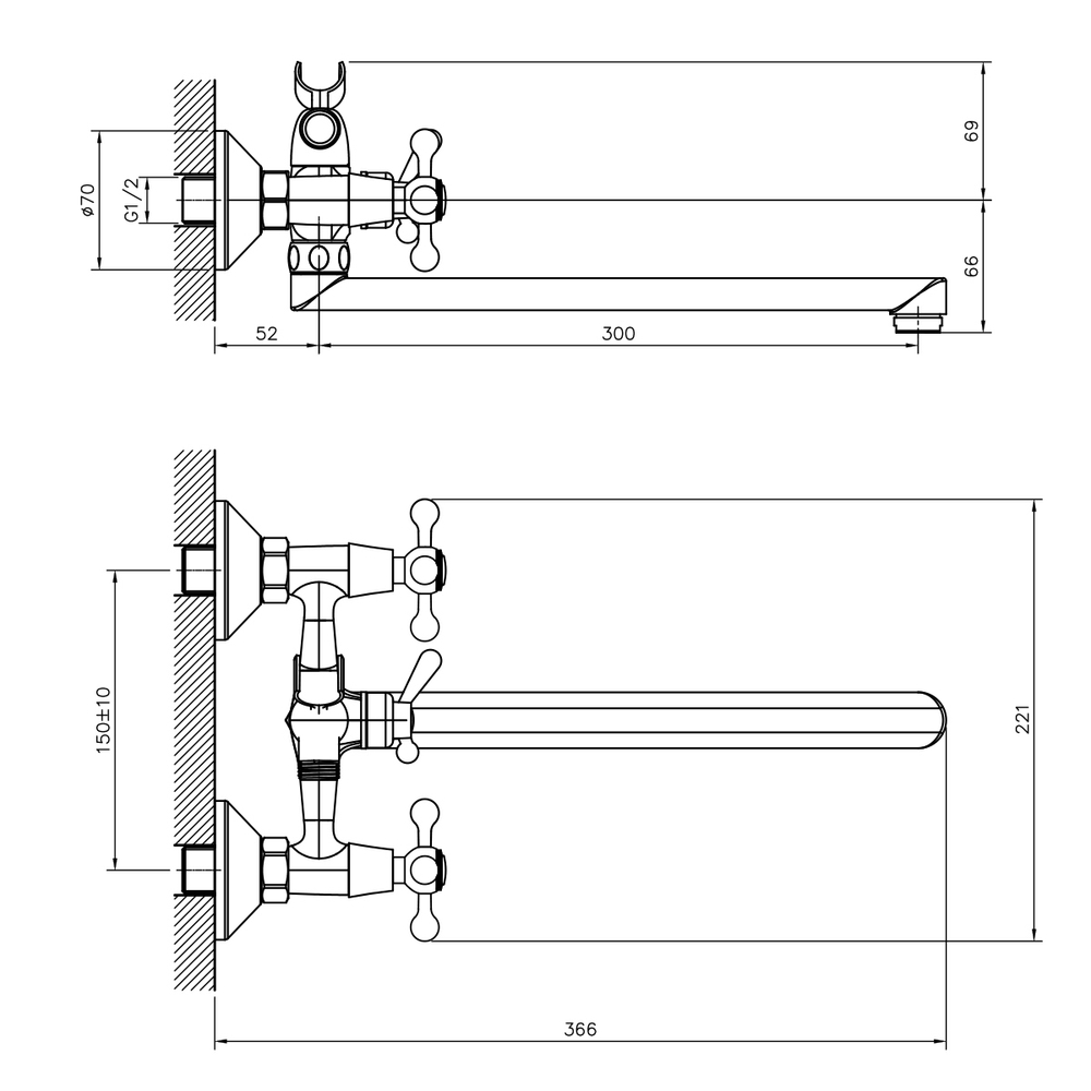 Смеситель DECOROOM DR53043 двуручный  для ванны универсальный с поворотным изливом 300 мм