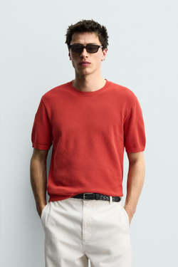 ZARA ФУТБОЛКА RELAXED FIT ИЗ ТРИКОТАЖА, КРАСНЫЙ