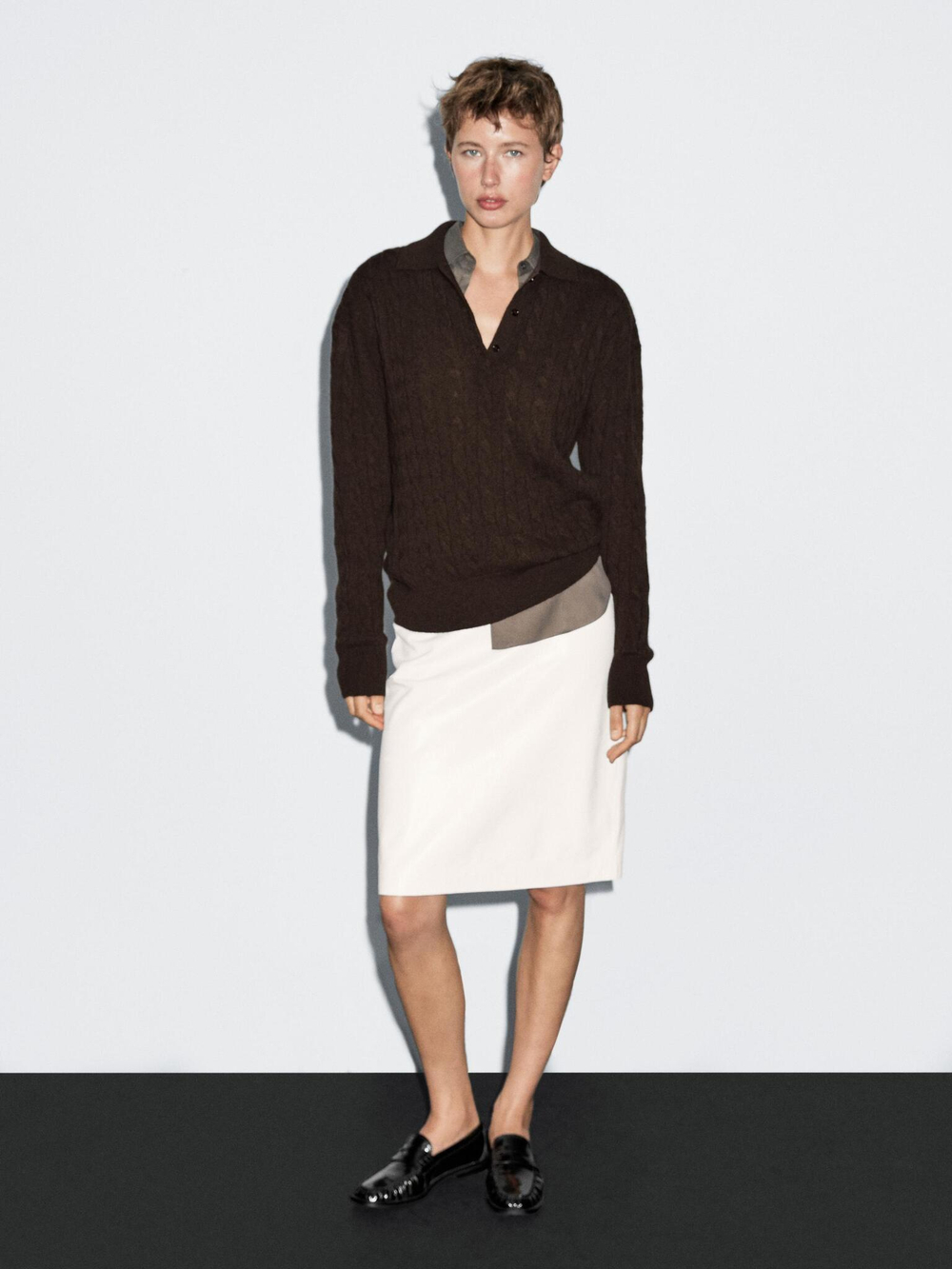 Massimo Dutti Свитер из 100% кашемира с воротником поло, шоколадный