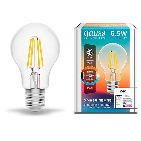 Лампа светодиодная диммируемая филаментная Gauss Smart Home Filament E27 6,5W 2000-6500K прозрачная 1220112