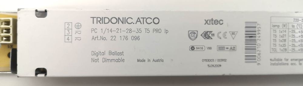 ЭПРА для T5 линейных люминесцентных ламп TRIDONIC.ATCO xitec PC 1/14-21-28-35 T5 PRO Ip 22 176 096 (--)