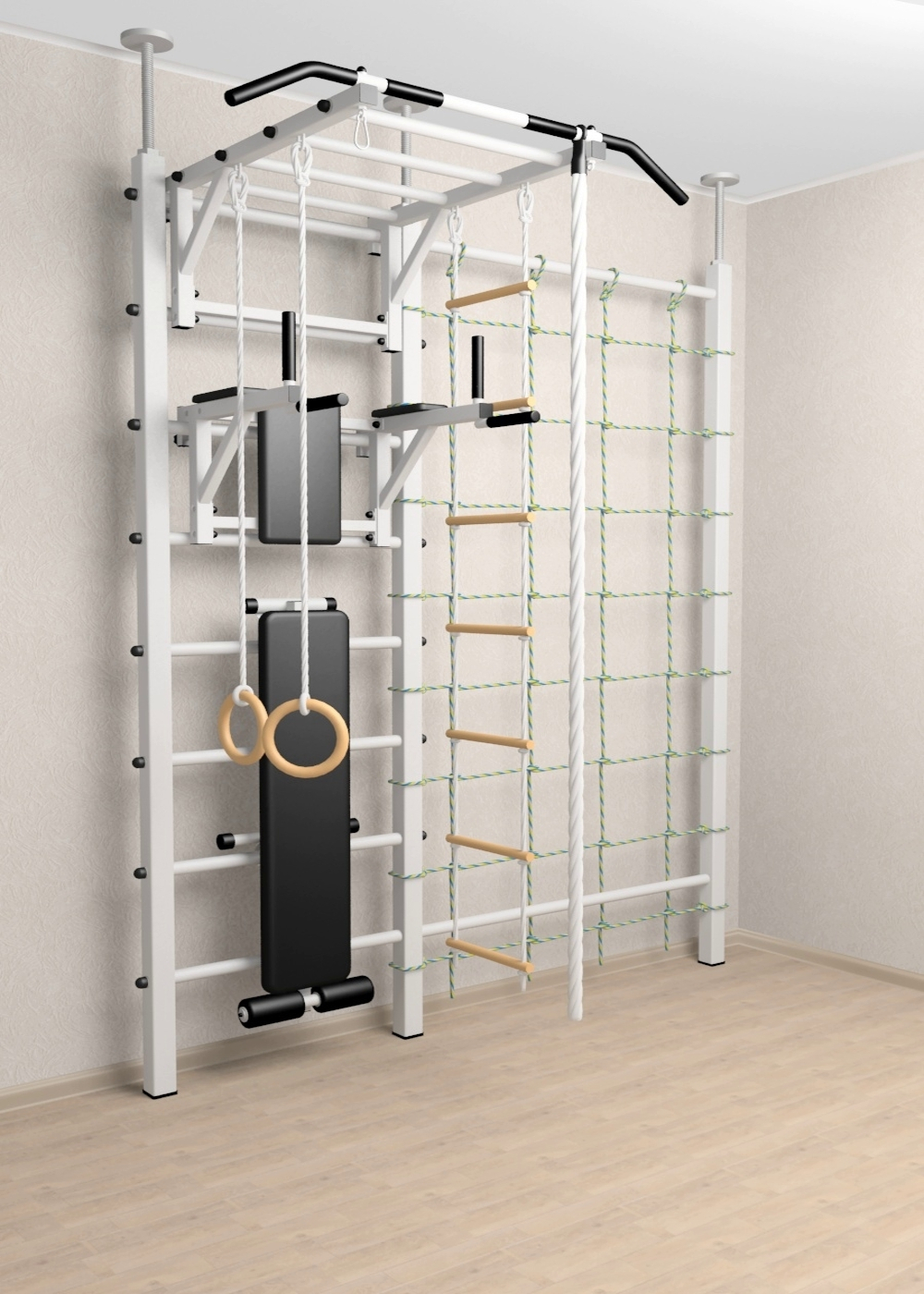 Шведская стенка Sv Sport враспор (Турник рукоход/Брусья/Скамья/Канат/Kольца/Лестница/Канатный лаз/Сетка)