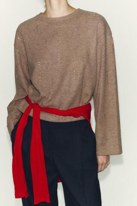 ZARA СВИТЕР В РУБЧИК СО СТРАЗАМИ, БЕЖЕВЫЙ МЕЛАНЖ