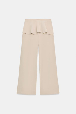 ZARA БРЮКИ С ШИРОКИМИ ШТАНИНАМИ И ОБОРОЧКАМИ НА ПОЯСЕ, БЕЖЕВЫЙ