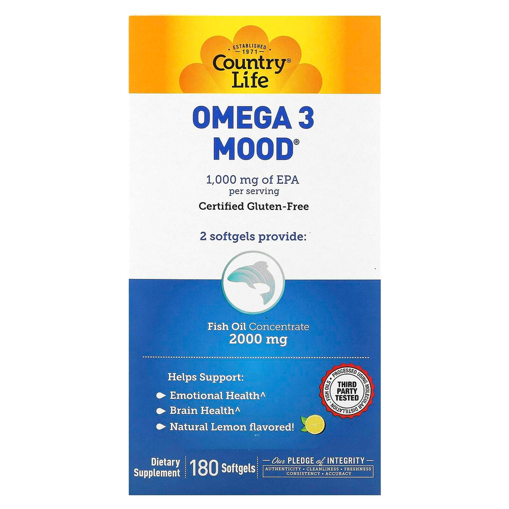 Country Life, Omega 3 Mood, с натуральным вкусом лимона, 180 мягких желатиновых капсул