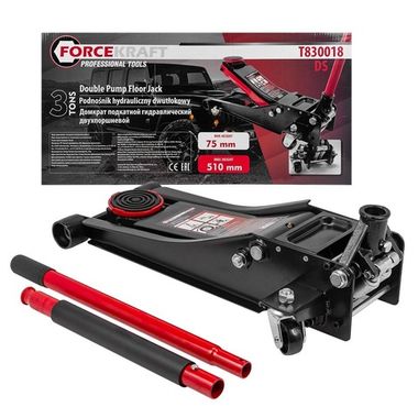 Домкрат подкатной гидравлический двухпоршневой 3т низкопрофильный с прорезиненной накладкой на рукоятке (h min 75мм, h max 510мм) FORCEKRAFT FK-T830018 DS