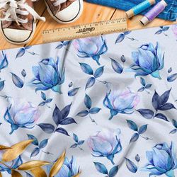 Ткань таффета нежные голубые розы на сером фоне