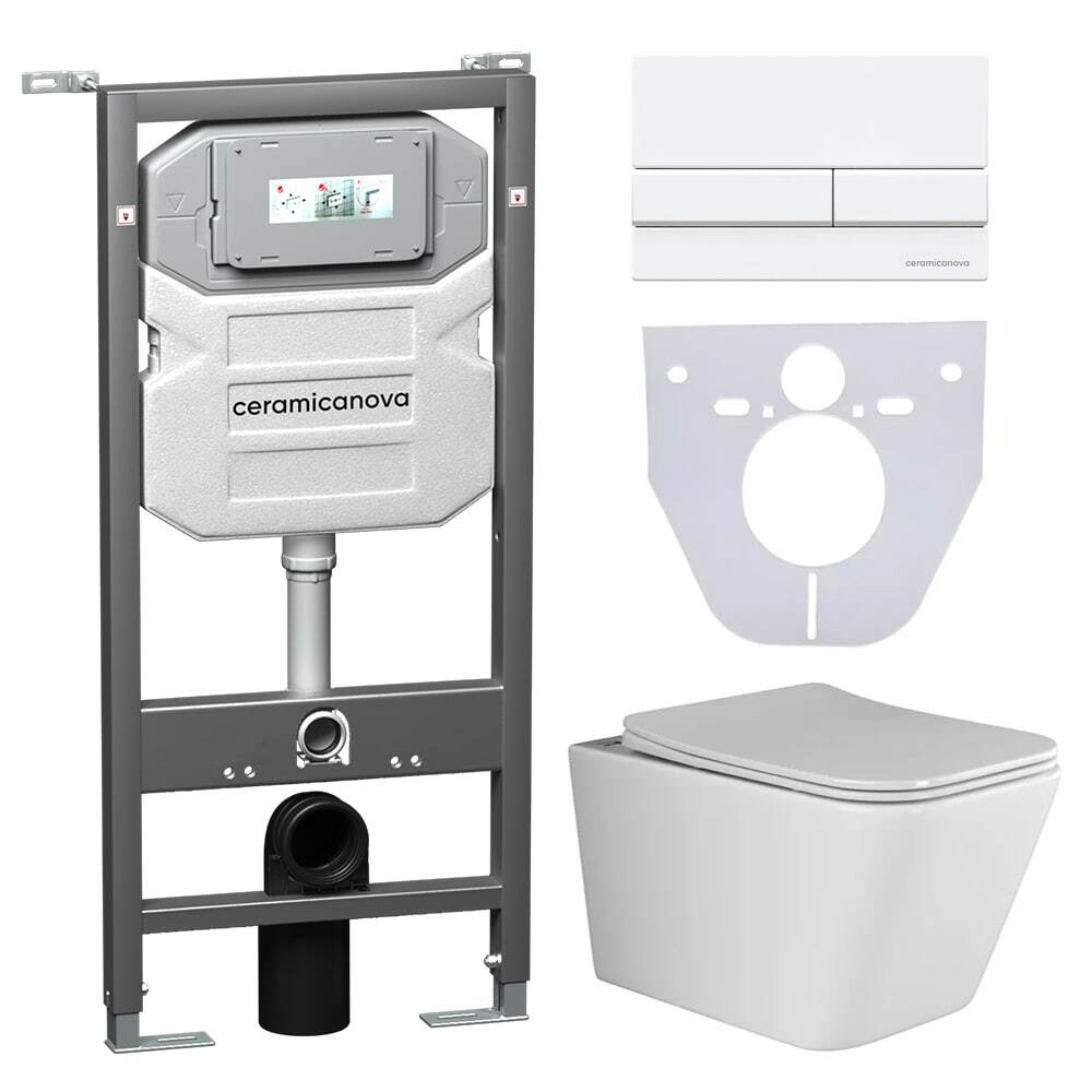 Комплект подвесной безободковый унитаз Ceramica Nova Metric + инсталляция с клавишей смыва, белая глянцевая CN3007_1002W_1000