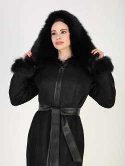 Дубленка зимняя натуральная с капюшоном длинная