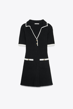 ZARA ПЛАТЬЕ В РУБЧИК С МЕТАЛЛИЧЕСКИМИ ПУГОВИЦАМИ, ЧЕРНЫЙ/БЕЛЫЙ
