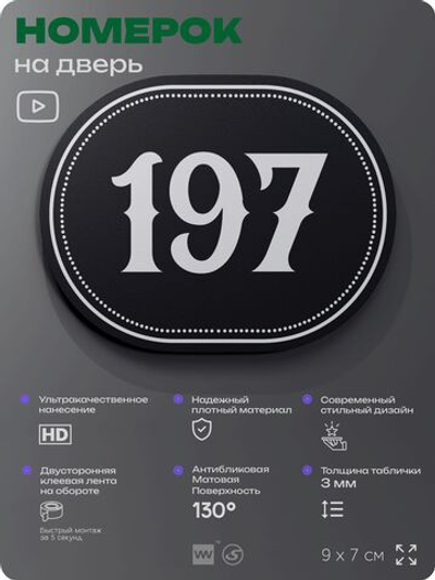 Номерок на дверь квартиры 197, для кабинета, офиса, шильдик 9 х 7 см, черный, Айдентика Технолоджи