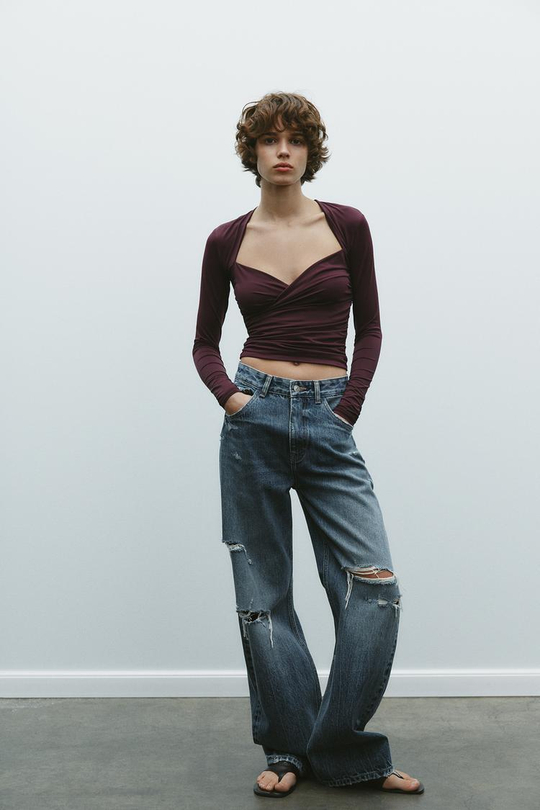 ZARA ТОП ИЗ ПОЛИАМИДА СО СБОРКАМИ, ВИННЫЙ