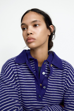 ZARA СВИТЕР В ПОЛОСКУ С ВОРОТНИКОМ ПОЛО, СИНИЙ/БЕЛЫЙ