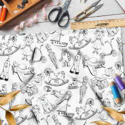 Ткань лён эскизы детских игрушек на бежевом фоне