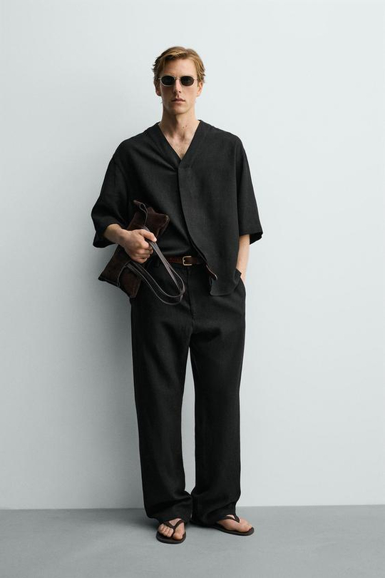 ZARA БРЮКИ RELAXED FIT ИЗ ВИСКОЗЫ И КОНОПЛИ, ЧЕРНЫЙ