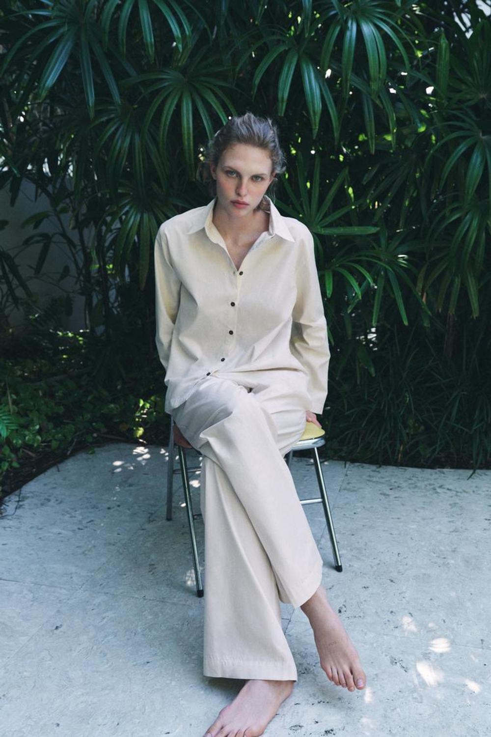 ZARA РУБАШКА ИЗ ПОПЛИНА В ПОЛОСКУ, ЖЕЛТОВАТО-БЕЛЫЙ