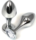 Серебристая анальная пробка на удлиненной ножке с прозрачным кристаллом - 9 см. (Цвет: прозрачный)