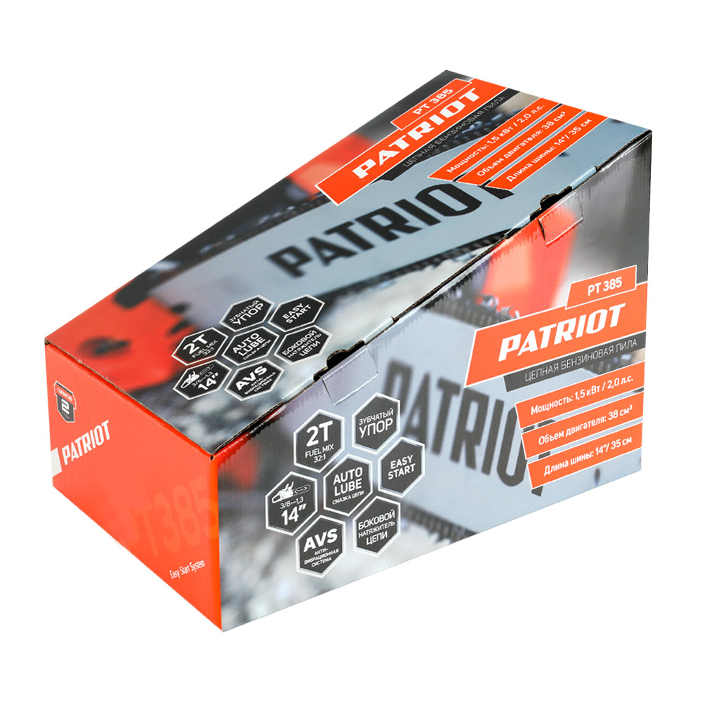 Пила цепная бензиновая PATRIOT PT 385, 38cc, 2.0л.с., шина 14", Easy Start