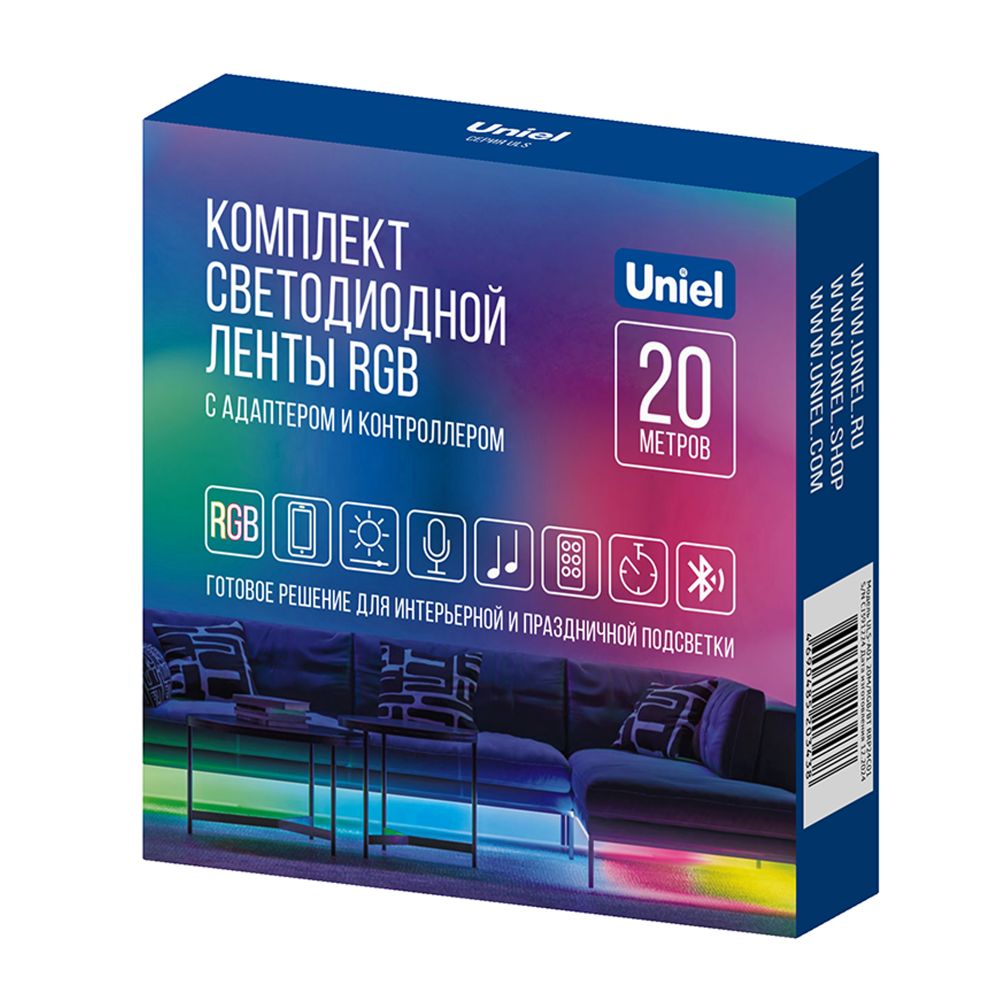ULS-A01 20M-RGB-BT RRP24C01 Комплект светодиодной ленты c Bluetooth. 20м. RGB свет. Адаптер 24Вт. Контроллер с пультом в-к. TM Uniel