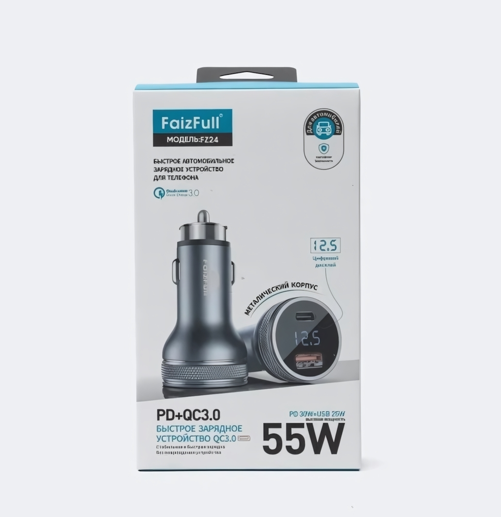 Автомобильное зарядное устройство FaizFull FZ24 PD30W+QC3.0 3A Type-C+USB с вольтметром, Grey
