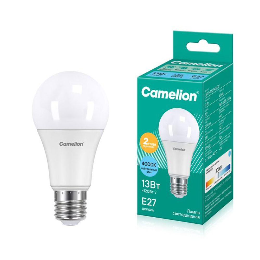 Лампа светодиодная LED13-A60/845/E27 13Вт грушевидная матовая 4500К бел. E27 1085лм 170-265В Camelion 12046