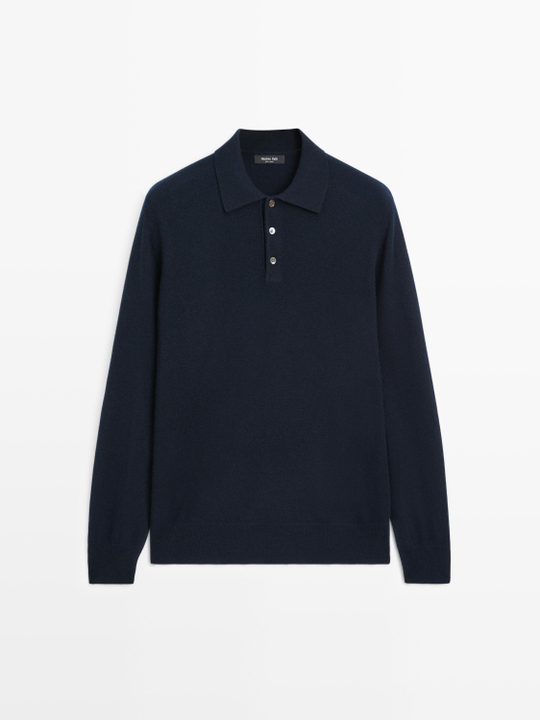 Massimo Dutti Свитер из смесовой шерсти с воротником поло, темно-синий