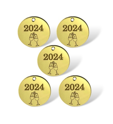 Бирочки "2024 с бокалами", 5шт, акрил золото, 4 см