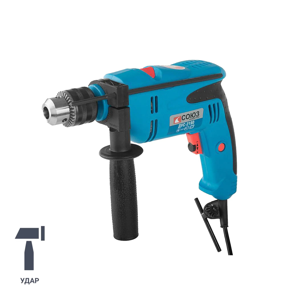 Ударная дрель СОЮЗ ДУС-2190, 900 Вт, без аккумулятора синий