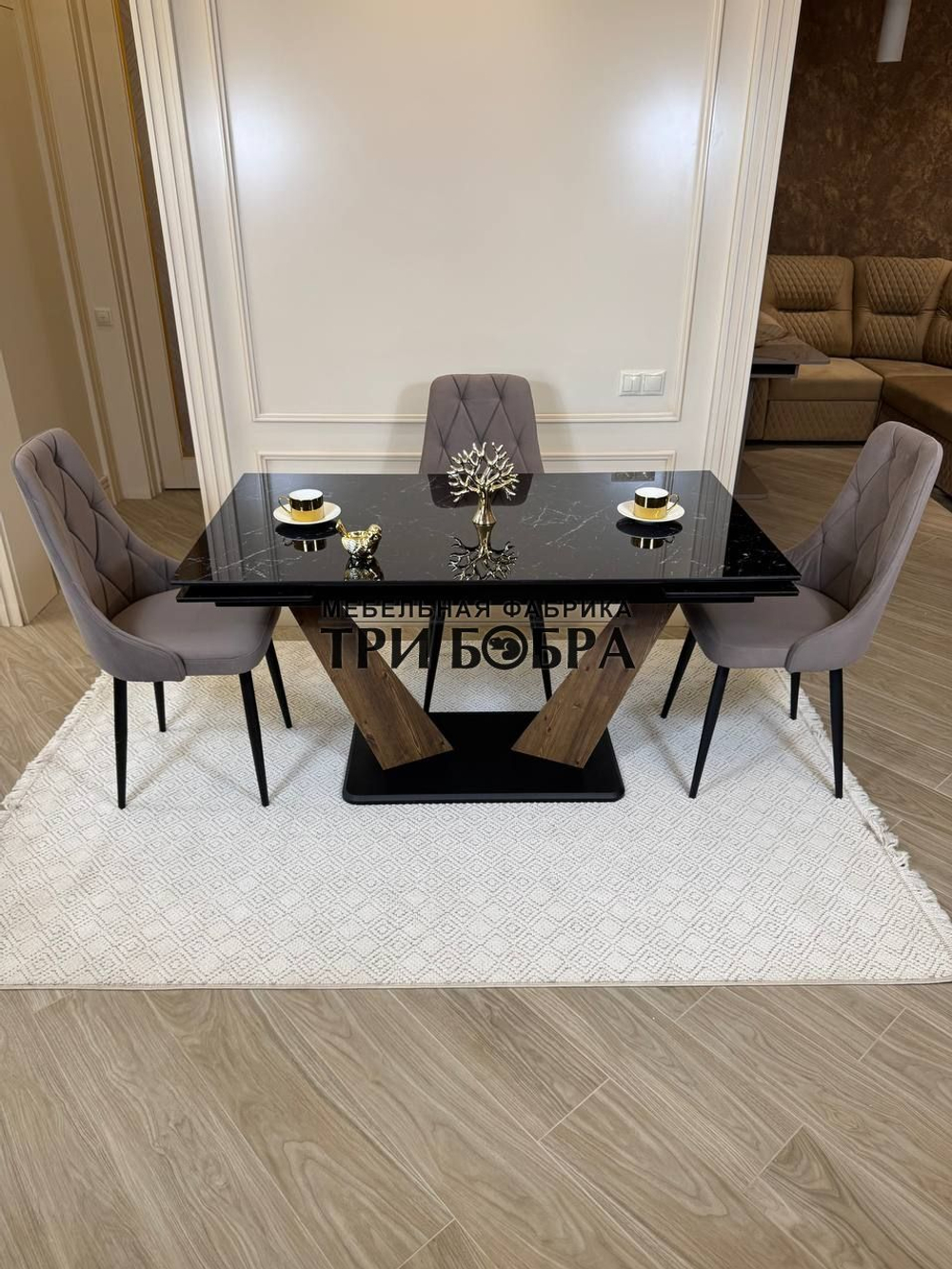 Кухонный раскладной стол "Вирджиния" , черный мрамор и 4 стула ЛОНДОН