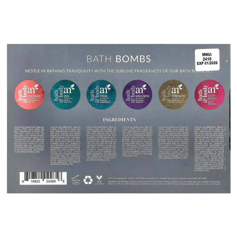 artnaturals, бомбы для ванны, 6 шт., 113 г (4 унции) каждая