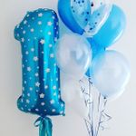 Шар (40"/102 см) Цифра, 1, Звездочки, Голубой, в упаковке 1 шт.