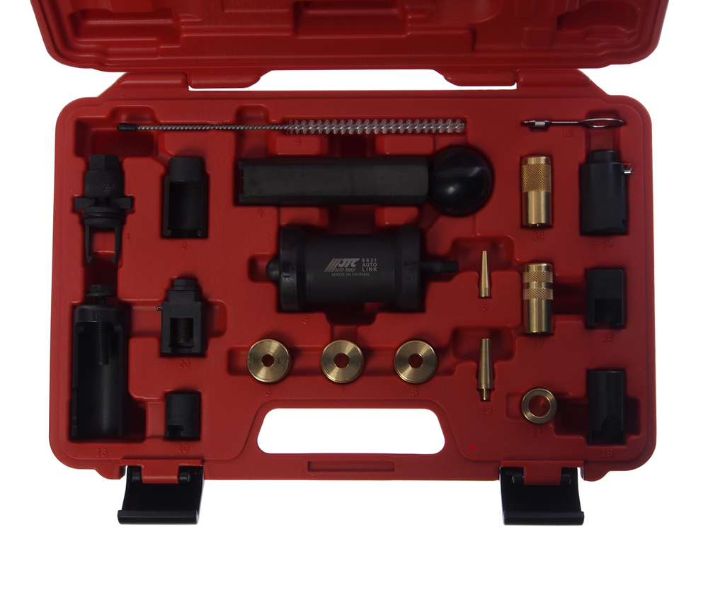 JTC-6621 - Набор инструментов для демонтажа/монтажа форсунок бензиновых (VW AUDI SEAT SKODA PORSCHE) JTC - 
Предназначен для демонтажа/монтажа форсунок высокого давления и уплотнения камеры сгорания в топливной форсунке FSI.
Применимые двигатели: 1,4, 1,6, 1,8, 2,0, 2,7 V6, 3,0 V6, 3,2 V6, 3,6 V6, 4,2 V8 FSi.
Номер VM: T10133C.