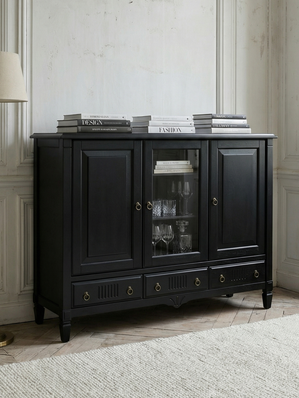 Тумба 180х50х145, Джоли, 3 двери 3 ящика для одежды, для спальни, гостиной, детской, прихожей, массив березы, черный, MAKOSA