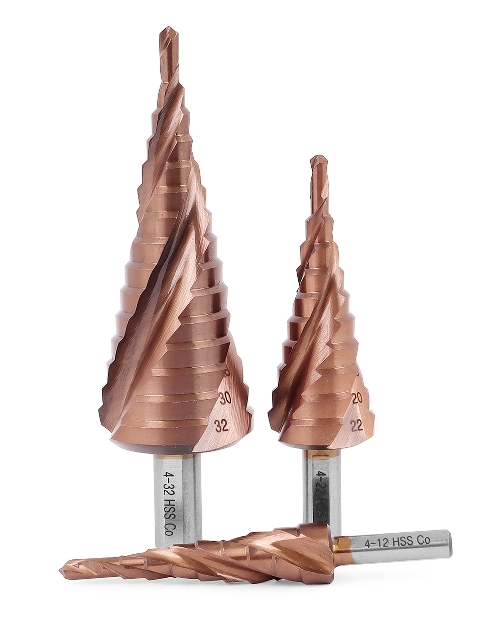 Ступенчатое сверло MESSER HSS CO  4-22х10 с кобальтовым покрытием и тремя спиральными канавками.
