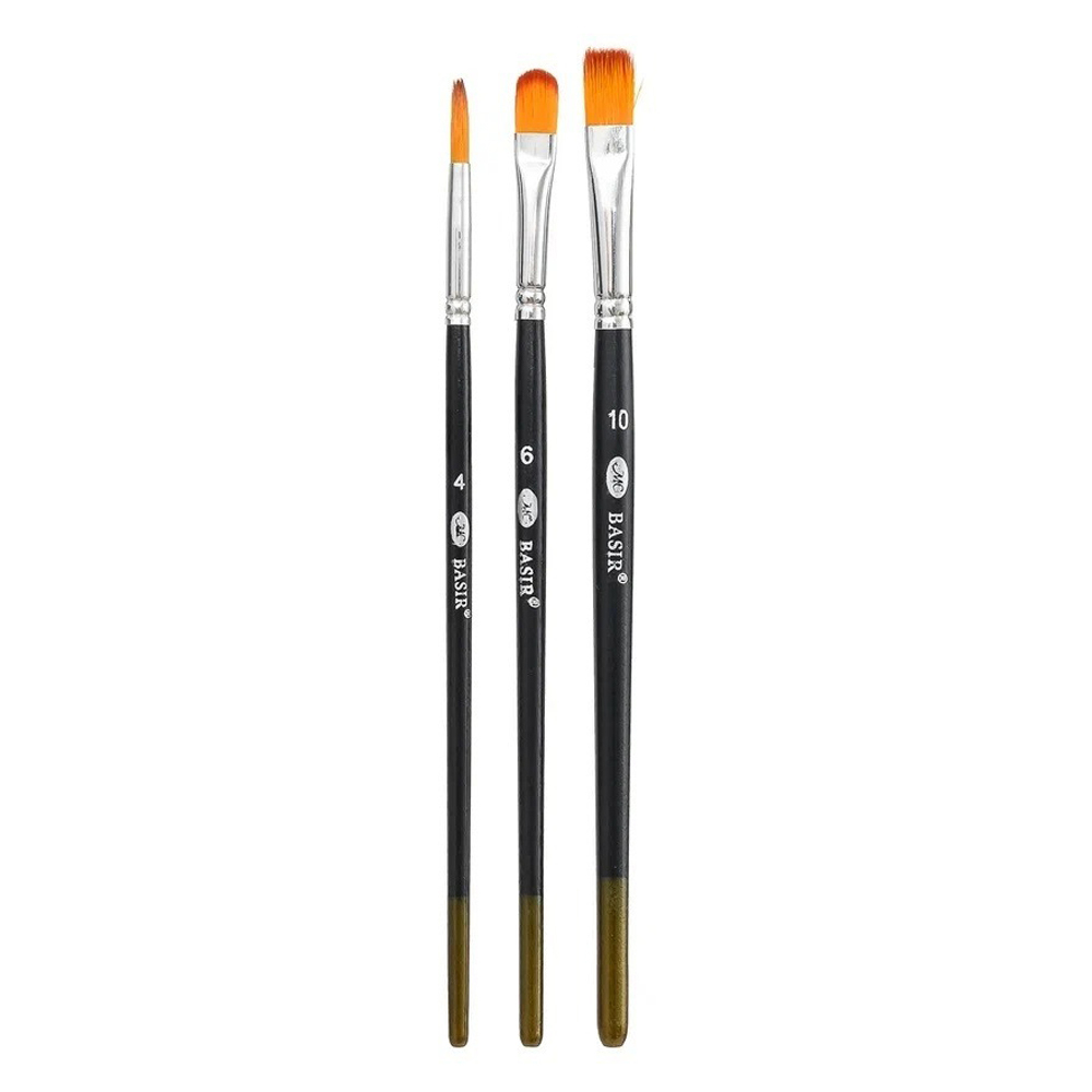 Кисть для рисования Basir художественная, нейлон, плоские, № 4,6,10, разноцветный корпус, набор из 3 шт