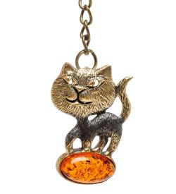 AM-1465 Брелок «Кошка Мурка» (латунь, янтарь)