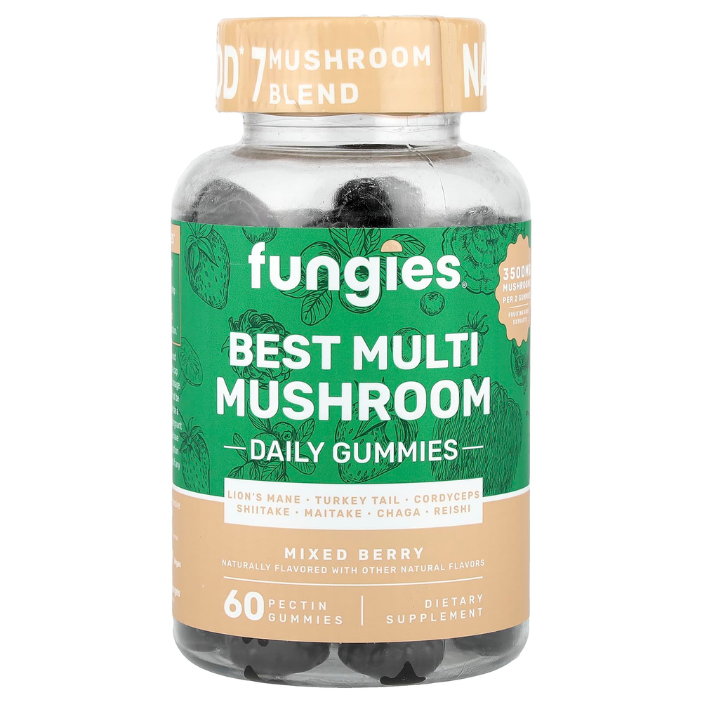 Fungies, Best Multi Mushroom, жевательные таблетки для ежедневного приема, со вкусом ягодного ассорти, 60 жевательных таблеток с пектином