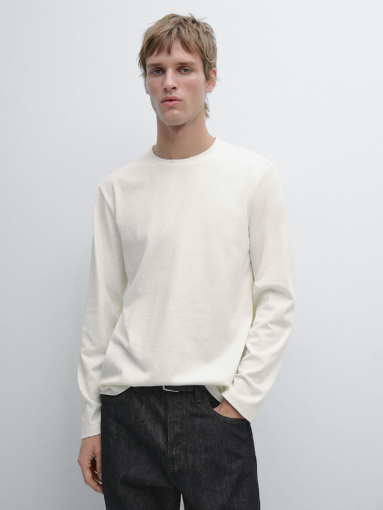 Massimo Dutti Хлопковая футболка с длинными рукавами, натуральный