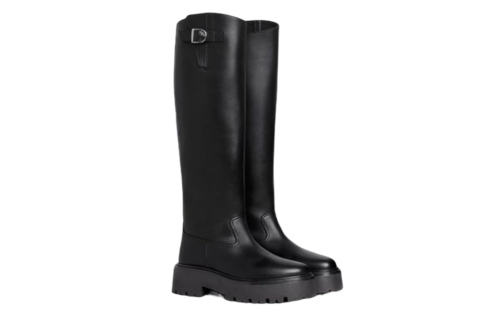 CELINE Leather Buckle Knee high Boots Women"s Black