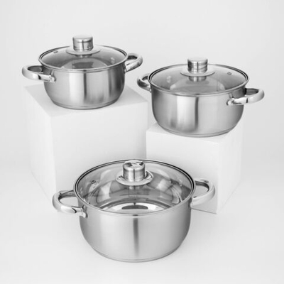 Набор кастрюль из нержавеющей стали Доляна «Гретте», 3 предмета: 1,6 л, 2,3 л, 3,2 л, крышки (Цвет: не задано)