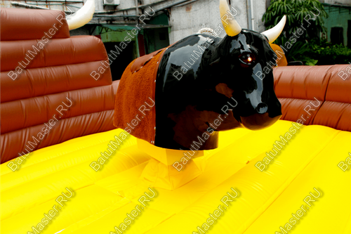 Надувной аттракцион Родео, бык+батут, черный с имитацией под кожу