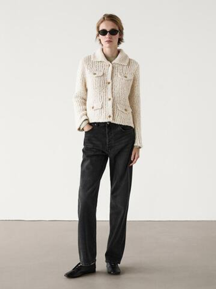 Massimo Dutti Кардиган с карманами, натуральный, кремовый