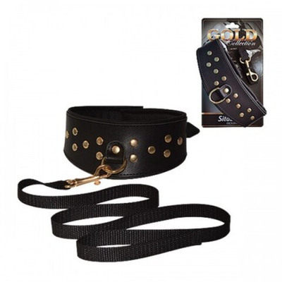 Кожаный ошейник с шлейкой (Цвет: черный с золотым)