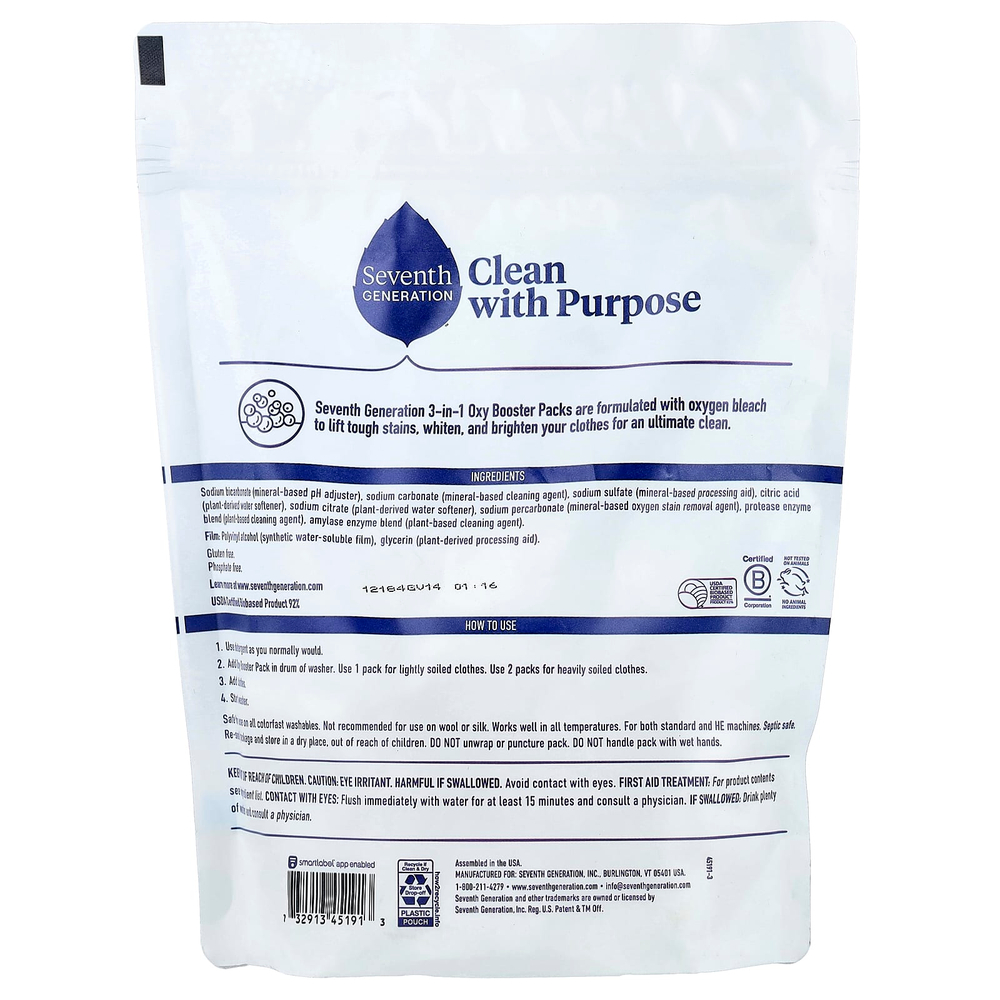 Seventh Generation, Power+, кислородный бустер 3 в 1, без отдушек, 25 пакетиков, 500 г (1,1 фунта)