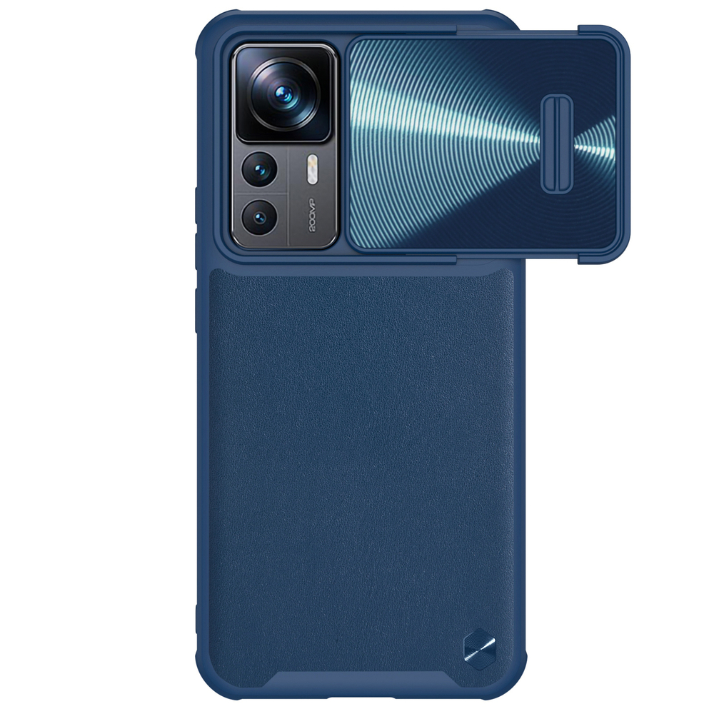 Чехол синего цвета с вставками из кожи от Nillkin для Xiaomi 12T Pro, полуавтоматическая конструкция сдвижной крышки, серия CamShield Leather Case S